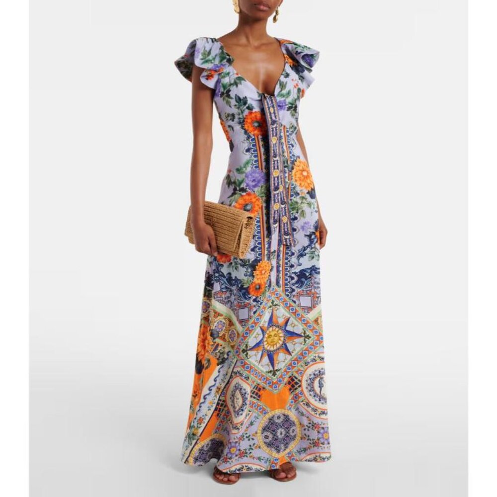 Camilla Tie Front Frill Sleeve Long Dress